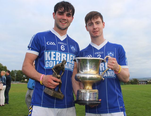 Cormac Coffey, with his man of the match award and Tommy Begley with the cup. Photo by Dermot Crean. 