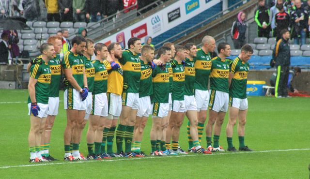 The Kerry team stands for the national anthem. Photo by Dermot Crean.