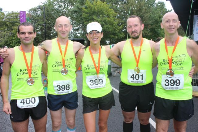 Vinnie O'Leary, Fozzy Forristal,  Rachel Stokes, Greg McNamara and Mike Kissane of Kerry Crusaders after running the Rose of Tralee 10k on Sunday morning. Photo by Dermot Crean