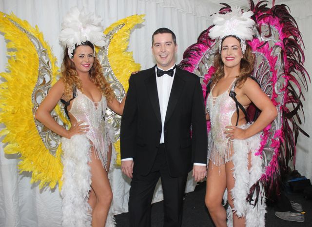 Sarah Griffin and Tara Dore with the host for the evening, Brian Hurley, at the Austin Stacks' Strictly Come Dancing in the Dome on Saturday night. Photo by Dermot Crean