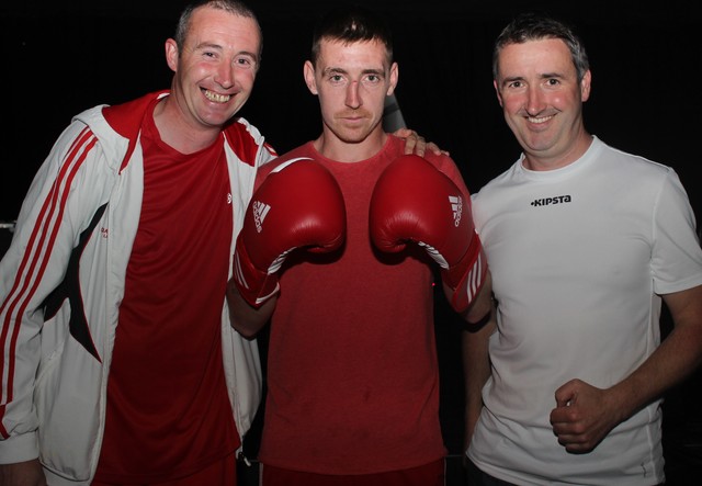At the Blue Collar Boxing Event in the Dome for the Kerry Cancer Support Group, were from left: Mikey Wall, James O'Sullivan and Cathal Foley. Photo by Gavin O'Connor. 