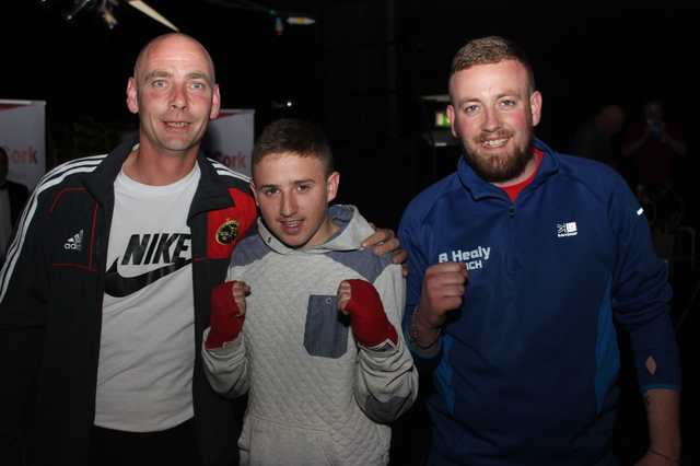 At the Blue Collar Boxing Event in the Dome for the Kerry Cancer Support Group, were from left: Timmy Ward, Nathan O'Leary, Barry Healy. Photo by Gavin O'Connor. 