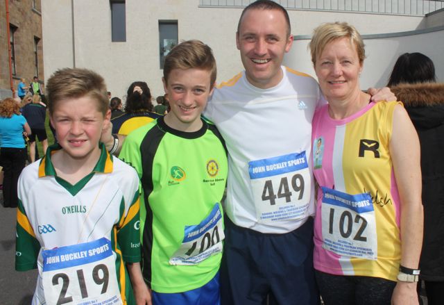 Adam Lenihan, Ciaran Commane, Tommy Commane and Thecla Heaslip at the CBS 5k and 3k Fun Run at the school on Sunday. Photo by Dermot Crean