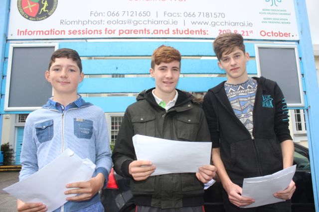 Ciarán Ó Nualláin Taidhg, Jeaic McKenna and Ruairí Ó Conchúir who received their Junior Cert results on Wednesday morning. Photo by Dermot Crean