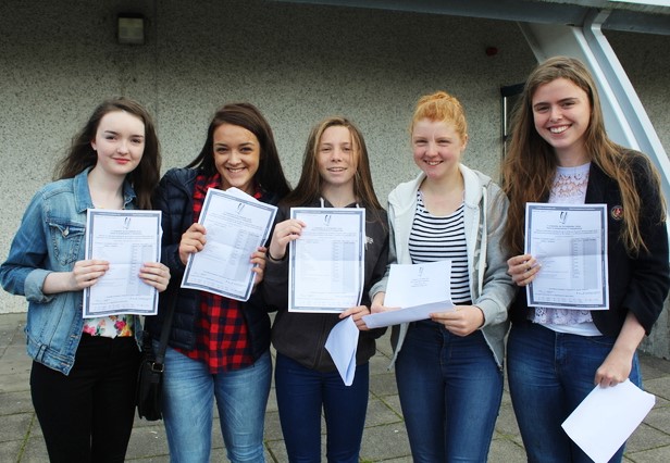 Collecting their Junior Certificate Results were, Mercy Mounthawk, students, from left: Siona Conway, Denise Brocher, Meagan Sheehy, Katie Daly and Lauren Murphy. Photo by Gavin O'Connor. 