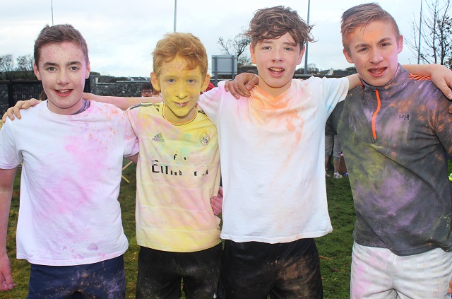 Taking part in the Mercy Mounthawk Colour Run were, from left. Dean Rusk, Jamie O'Brien, Jake Deering and David Fitzgerald. Photo by Gavin O'Connor.