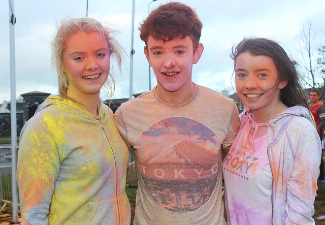 Taking part in the Mercy Mounthawk Colour Run were, from left. Victoria Wolknowska, Gerald Tobin and Ellen O'Connell. Photo by Gavin O'Connor.