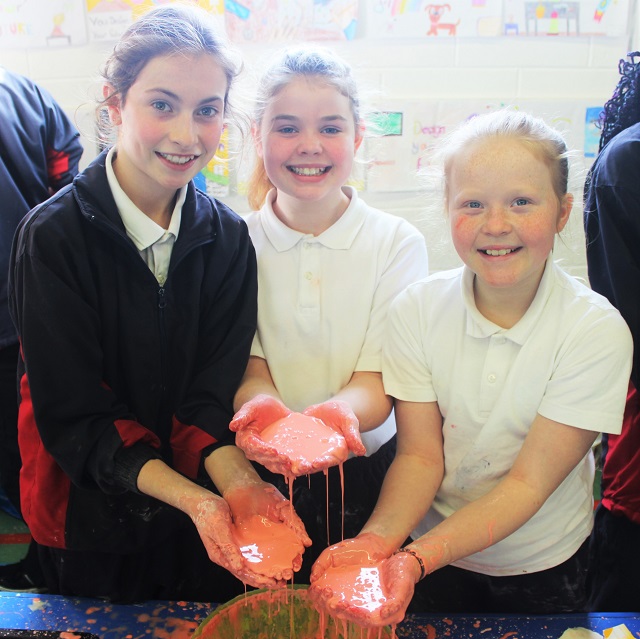 At the Scoil Eoin National Science Week, science experiments day. Eimer Litchfield, Grace O'Connor and Emma Dooner. Photo by Gavin O'Connor. 