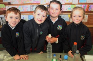 At the Scoil Eoin National Science Week, science experiments day. Danial McCarthy, Rory Kennedy, Olivia Larkin and Rachel Dooner. Photo by Gavin O'Connor.