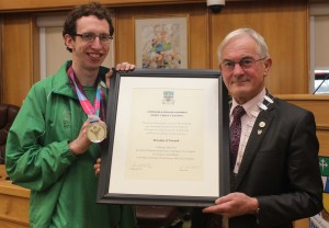 Brendan O’Connell, receiving a citation to mark his civic reception from Mayor of Kerry, Cllr Pat McCarthy. Photo by Gavin O'Connor. 