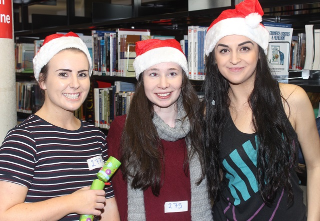 At the IT Tralee, Christmas Cracker world record breaking attempt in the North Campus were, from left: Katie Geaney, Imelda Kissane and Edona Neziri. Photo by Gavin O'Connor. 