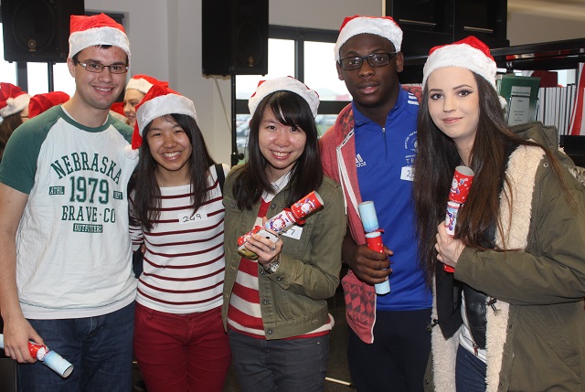 At the IT Tralee, Christmas Cracker world record breaking attempt in the North Campus were, from left: Jack Towey, Hai Wei, Chuy Ye, Qudus Oyebngi and Rebecca Kenny. Photo by Gavin O'Connor. 