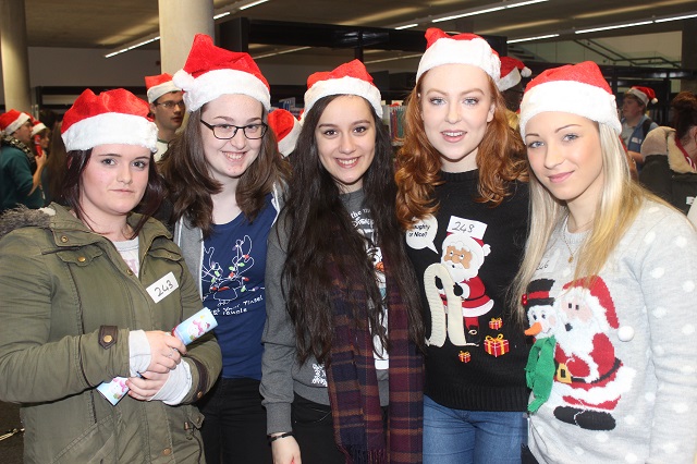 At the IT Tralee, Christmas Cracker world record breaking attempt in the North Campus were, from left: Orla Couttney, Alexandra White, Alsa Cenaj, Sarah Carmody and Patrice Sandk. Photo by Gavin O'Connor. 