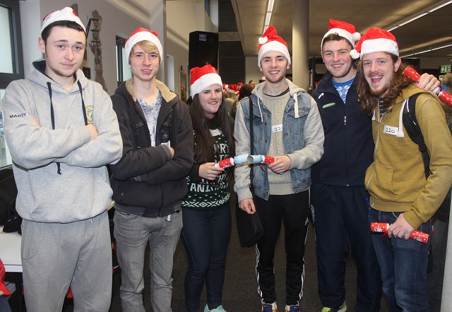 At the IT Tralee, Christmas Cracker world record breaking attempt in the North Campus were, from left: Martin Morgan, Aldans Vescks, Caoimhe Ni Chearbhill, Darren Horgan, Alex Notter and Johnny Totaheg. Photo by Gavin O'Connor. 