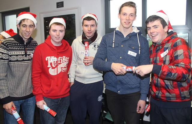 At the IT Tralee, Christmas Cracker world record breaking attempt in the North Campus were, from left: Daniel Bachelor, Eoin O'Donoghue, Tomas Duane, Kevin Phillips and Finn Phillips. Photo by Gavin O'Connor. 