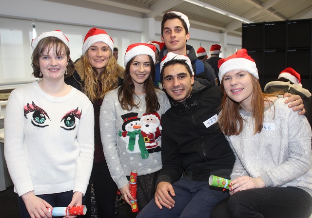At the IT Tralee, Christmas Cracker world record breaking attempt in the North Campus were, from left: Niamh O'Donnell, Maren Gesbougrag, Arlinda Jashari, Louris Thery, Nicholas Meziani and Sarah McAuliffe. Photo by Gavin O'Connor. 