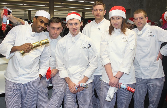 At the IT Tralee, Christmas Cracker world record breaking attempt in the North Campus were, from left: Samy Elyas, Ulkasz Polroniczak, Linas Zemaibs, Shandor O'Sullivan, Vivien Bagi and Gerard Winston. Photo by Gavin O'Connor. 