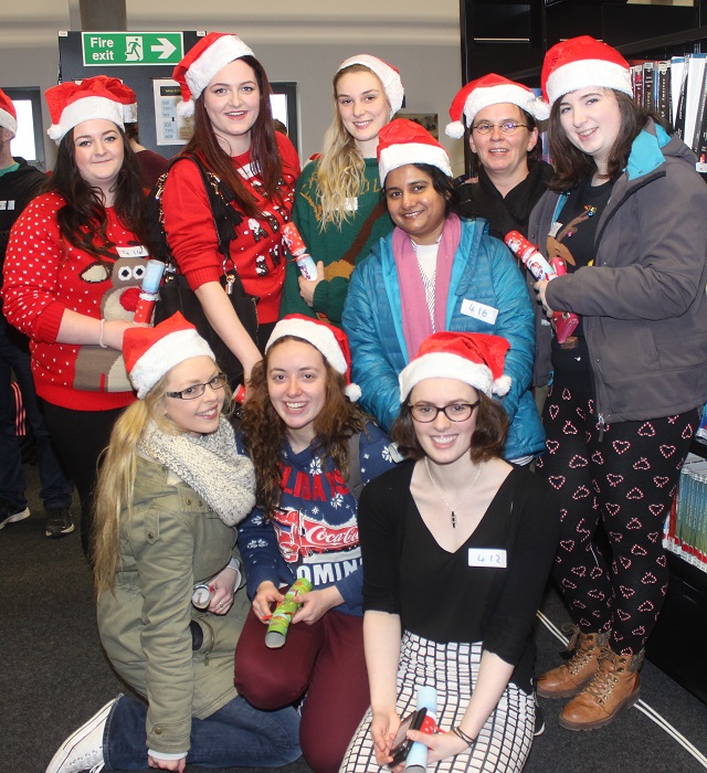 At the IT Tralee, Christmas Cracker world record breaking attempt in the North Campus were, from left, front: Orna Carey, Rosie Summers and Nicola Cullan. Back: Cathrina Lynch, Aoibheann Lyons, Anna Kennelly, Dorett Fuellgraf, Semme Josebh, Laura Marnion by Gavin O'Connor. 