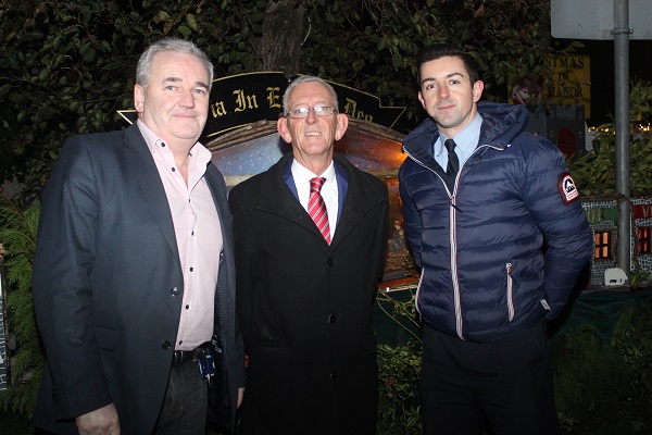 At the switching on of the Manor Village Christmas lights were, from left: Frank Hartnett (Kerry County Council), Cllr Sam Locke and Aidan O'Mahony. Photo by Gavin O'Connor. 
