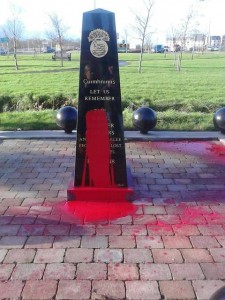 The Royal Munster Fusiliers Monument in Ballymullen after it was vandalised. Photo by John Duggan. 