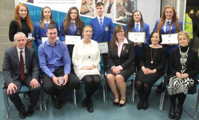 Castleisland Community College Students with staff, special guest Ruth O'Reilly, Kerry ETB CEO Colm McEvoy and Education Officer Ann O'Dwyer at the awards in IT Tralee on Friday night. Photo by Dermot Crean