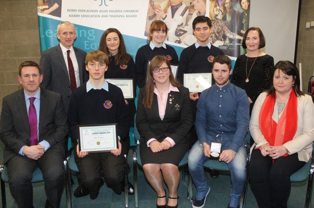 Students from Causeway Comprehensive with staff, special guest Ruth O'Reilly, Kerry ETB CEO Colm McEvoy and Education Officer Ann O'Dwyer at the awards in IT Tralee on Friday night. Photo by Dermot Crean