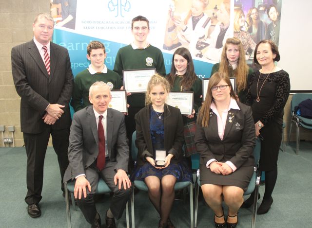 Killorglin Community College students with Principal Con Moynihan, special guest Ruth O'Reilly, Kerry ETB CEO Colm McEvoy and Education Officer Ann O'Dwyer from Kerry ETB at the awards in IT Tralee on Friday night. Photo by Dermot Crean