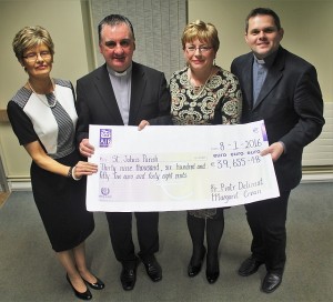 With the cheque from the 2016 St John's Bazaar are from left, Catherine Dwyer, Francis Nolan, Margeret Crean and Fr Piotr Delimat. Photo by Gavin O'Connor. 