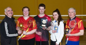 Maurice Lawlor (Ballyheigue Badminton Club) presenting The Winners Linda Burke (Ballyheigue), Paul Hayes( Listowel) and Runners Up  Claire Cahill(Kingdom) Patsy O'Connor (Ballyheigue) with their Trophies.