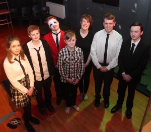 The Duisigh theater group performers are, from left: Eibhlis Beirne, Saoirse Ferris, Pierse O'Brien, Conor O'Brien, Kate Moore, Dylan Harris and Robert Jones. Photo by Gavin O'Connor. 