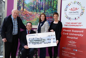 Kerry man, John Garvey (left) and daughter Claire O'Shea (third from left) present a cheque for €10,628 to Bernie O'Halloran, CUH Charity and Damian McGovern, Business Manager, CUH, to enhance patient care for Cancer, Neurology, and Cystic Fibrosis Services at Cork University Hospital.