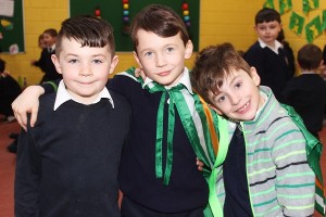 Will Leahy, Robert O'Neil and Tadgh Falvey at Caherleaheen National School Irish Proclamation Day in the school. Photo by Gavin O'Connor.