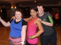 Labhaoise O'Connor, Linda Flanagan and David Malone at the Zumbathon for Inspired in The Ashe Hotel on Friday. Photo by Dermot Crean