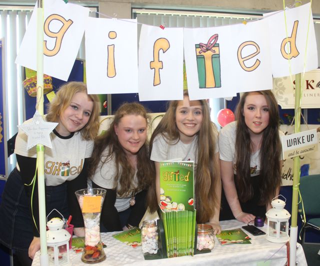 Presentation Listowel students Laura Sheehan, Mairead Brosnan, Mary Keane, Kaytlann Barry with 'Gifted Publishing' at the County Final of the Kerry County Council Annual Student Enterprise Awards at IT Tralee on Friday. Photo by Dermot Crean