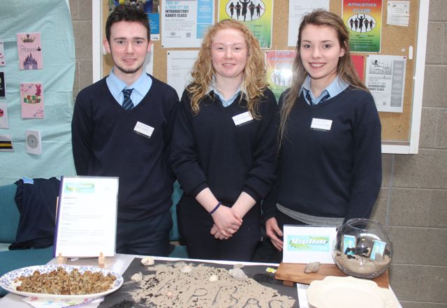 St Joseph's Ballybunion students Conor McGrath, Niamh Stack and Alanna Whelan with 'Ripbar' at the County Final of the Kerry County Council Annual Student Enterprise Awards at IT Tralee on Friday. Photo by Dermot Crean