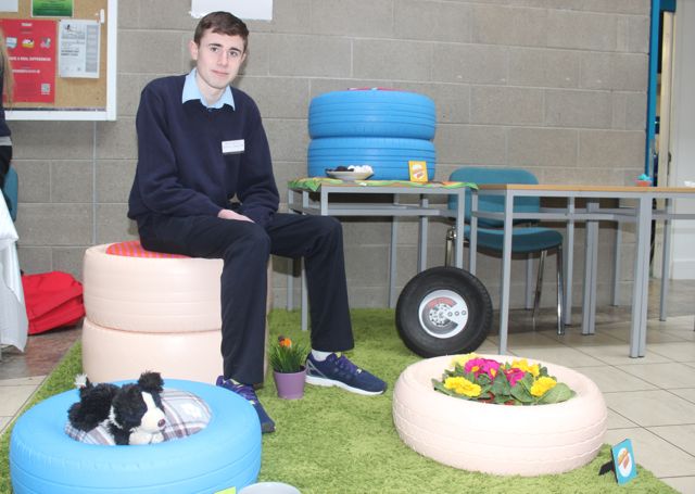 St Joseph's Ballybunion student Patrick Kelleher with 'PacTyres' at the County Final of the Kerry County Council Annual Student Enterprise Awards at IT Tralee on Friday. Photo by Dermot Crean