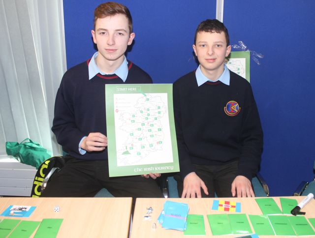 Causeway Comprehensive students Eric O'Halloran and Nathan O'Reilly with 'Irish Journey' at the County Final of the Kerry County Council Annual Student Enterprise Awards at IT Tralee on Friday. Photo by Dermot Crean