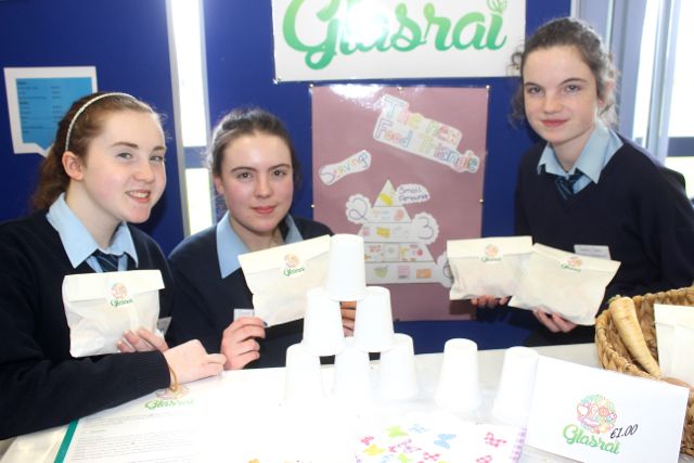 St Joseph's Ballybunion students Grace O'Connor, Sinead Harrahan and Sandra Dalton with 'Glasrai' at the County Final of the Kerry County Council Annual Student Enterprise Awards at IT Tralee on Friday. Photo by Dermot Crean