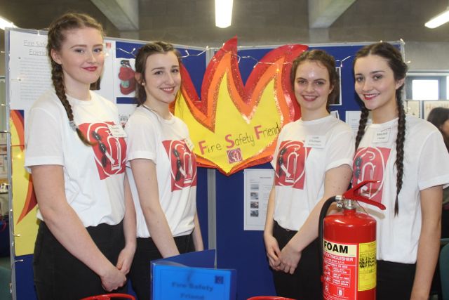 St Brigid's Killarney students Caoimhe Kelly, Abbey Logan, Leah O'Sullivan and Kiera Fell with 'Fire Safety Friends' at the County Final of the Kerry County Council Annual Student Enterprise Awards at IT Tralee on Friday. Photo by Dermot Crean