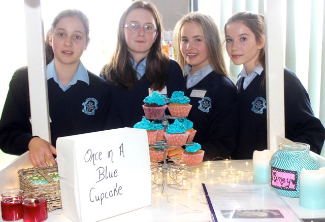 Presentation Castleisland students, Ellen Dennehy, Alison Ward, Kamile Mazonaite and Amy O'Connor with 'Once In A Blue Cupcake' at the County Final of the Kerry County Council Annual Student Enterprise Awards at IT Tralee on Friday. Photo by Dermot Crean