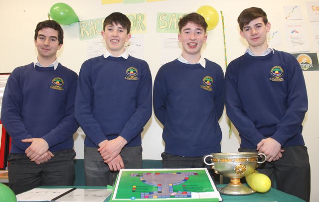 Pobalscoil Chorca Dhuibhne students Donnacha O Siuchru, Niall O Geanaigh, Cathal Feirtear, Colm O Grain with 'Race For Sam' at the County Final of the Kerry County Council Annual Student Enterprise Awards at IT Tralee on Friday. Photo by Dermot Crean