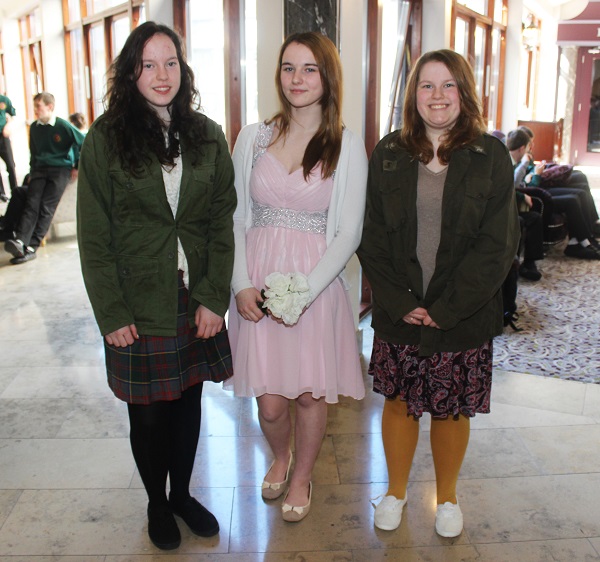 From Killorglin Community College, Kayleigh Doyle, Leanne Francis and Emily Doyle at the Kerry ETB 1916 commemoration event in The Rose Hotel. Photo by Gavin O'Connor. 