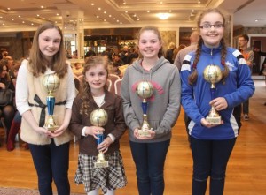 Aisling and Aoife O'Connell, Grace O'Connor and Aoife Bourke at the Tralee Imperials Basketball Club Juvenile Awards night at the Rose Hotel on Friday. Photo by Dermot Crean