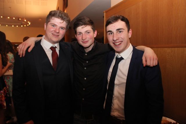 Eoghan Healy, Ryan Goodman and Daniel Devlin at the Brookfield College Graduation in Ballyroe Heights Hotel on Thursday night. Photo by Dermot Crean