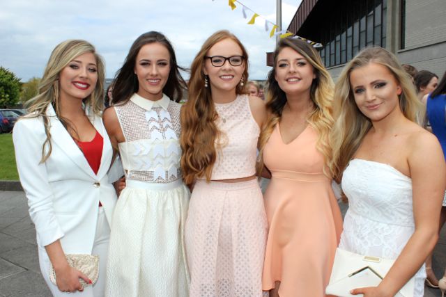 Orla O'Mahony, Ciara Murphy, Rachel Quirke, Ellen Rusk and Shauna O'Sullivan at the Mercy Mounthawk graduation ceremony at Our Lady and St Brendan's Church on Friday afternoon. Photo by Dermot Crean