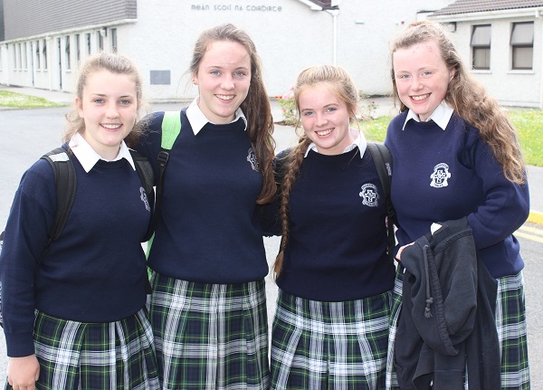 Presentation students, Lucy Murphy, Niamh Walsh, Eimer Ellard and Niamh O'Shea after sitting the first of their Junior Cert exams. Photo by Gavin O'Connor.