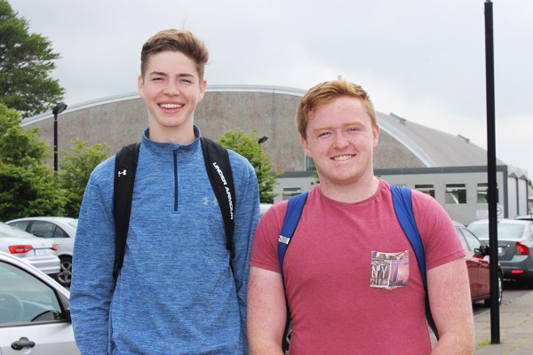 Mounthawk students Keelan Crowe and Conor O Nuallíin after sitting the first of their Leaving Cert exams. Photo by Gavin O'Connor. 