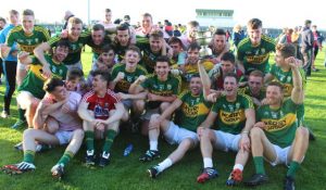 The victorious Kerry Junior panel celebrate defeat of Cork in the Minster Junior Football Final. Photo by Dermot Crean. 