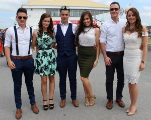 Paddy Dowling, Niamh Strong, Niall Lynch, Katie Buckley, Kieran McElligott and Linda Blake at Listowel Racecourse Ladies Day. Photo by Gavin O'Connor. 