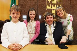 New Mayor of Tralee, Cllr Terry O'Brien with his two children Mark and Millie and wife Teresa. Photo by Gavin O'Connor. 